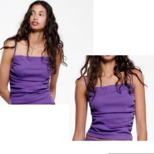 Zara purple ruched draped square neckline spaghetti strap tank top Sz L NWT